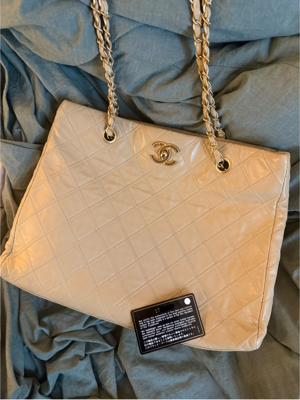 CHANEL Cream Beige Triple Stitched Quilted Calfskin Leather Tote with Gold Chain